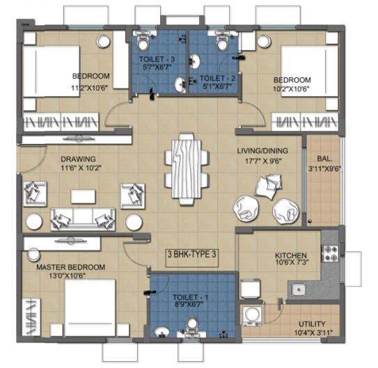 Floor plan of 3 BHK 1340 Sq. Ft. Apartment in Ramky Greenview Apartments, Hyderabad