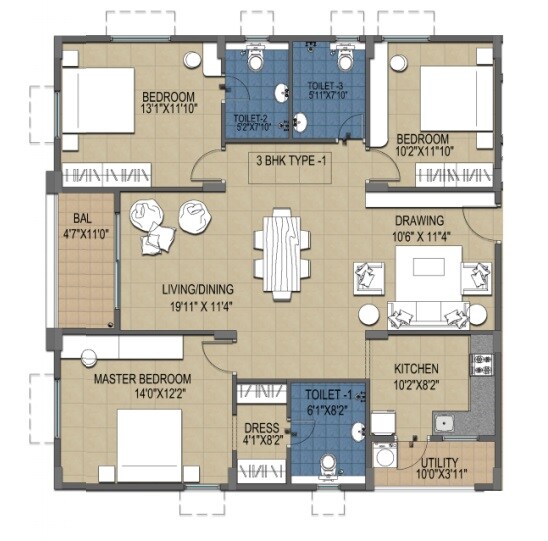 Floor plan of 3 BHK 1620 Sq. Ft. Apartment in Ramky Greenview Apartments, Hyderabad
