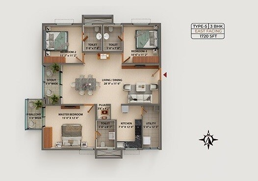 Floor plan of 3 BHK Apartment - 1720 sq. ft. in Ramky One Astra, Hyderabad