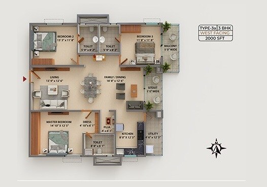 Floor plan of 3 BHK Apartment - 2000 sq. ft. in Ramky One Astra, Hyderabad