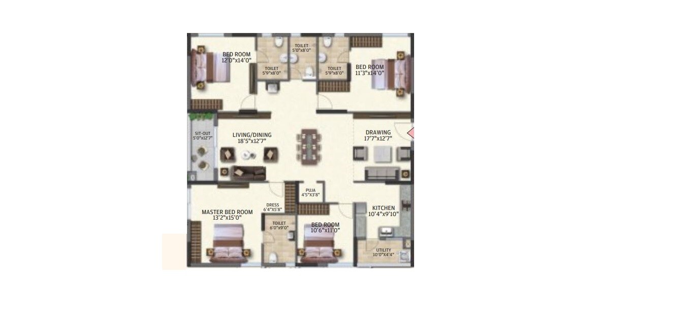 Floor plan of 4 BHK Apartment - 2460 sq. ft. in Ramky One Astra, Hyderabad