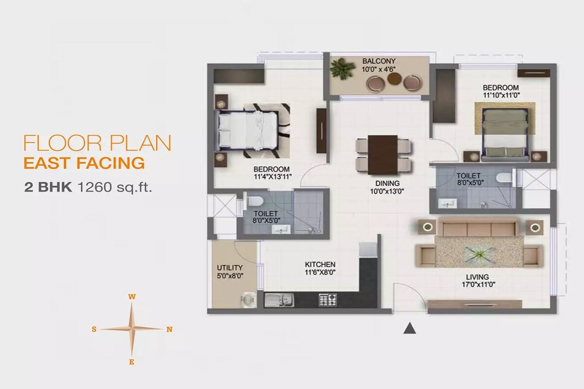 Floor plan of 2 BHK 1260 Sq. Ft. Apartment in Ramky One Galaxia, Hyderabad