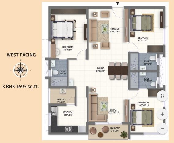 Floor plan of 3 BHK 1695 Sq. Ft. Apartment in Ramky One Galaxia, Hyderabad