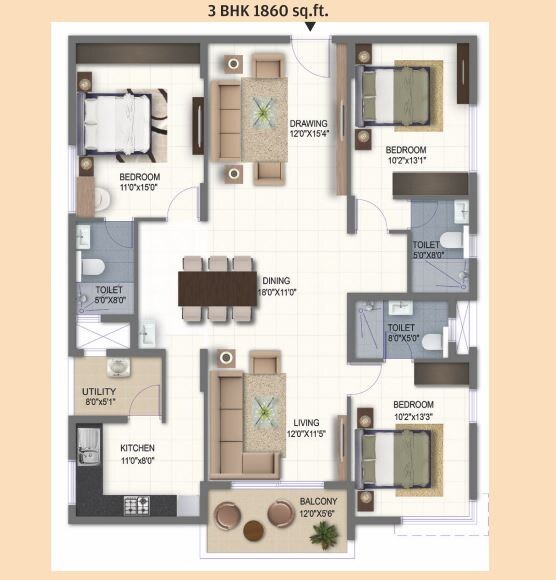 Floor plan of 3 BHK 1860 Sq. Ft. Apartment in Ramky One Galaxia, Hyderabad
