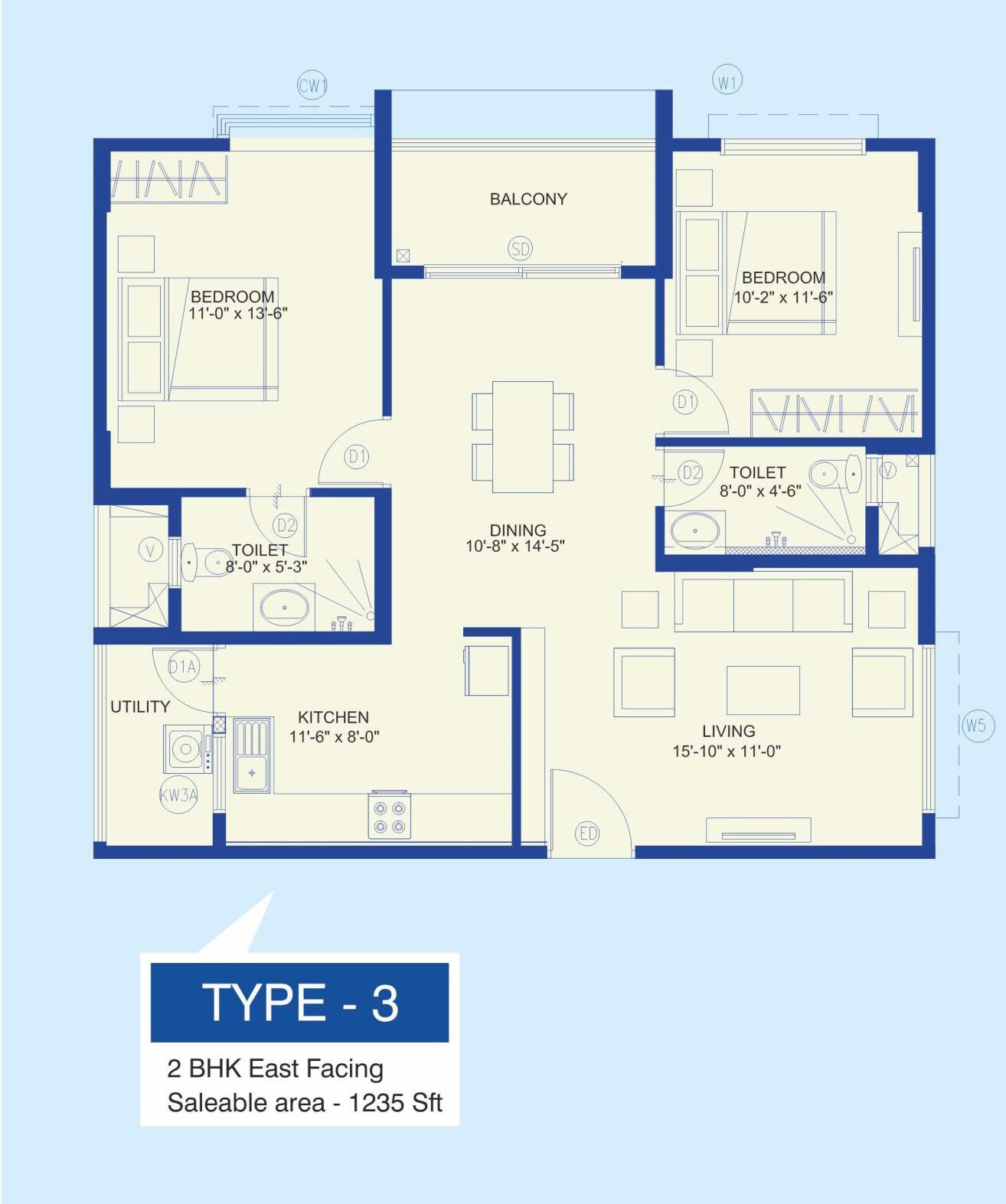 Floor plan of 2 BHK 1235 Sq. Ft. Apartment in Ramky One Kosmos, Hyderabad