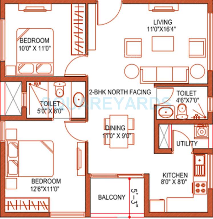Floor plan of 2 BHK 1070 Sq. Ft. Apartment in Ramky One Kosmos, Hyderabad