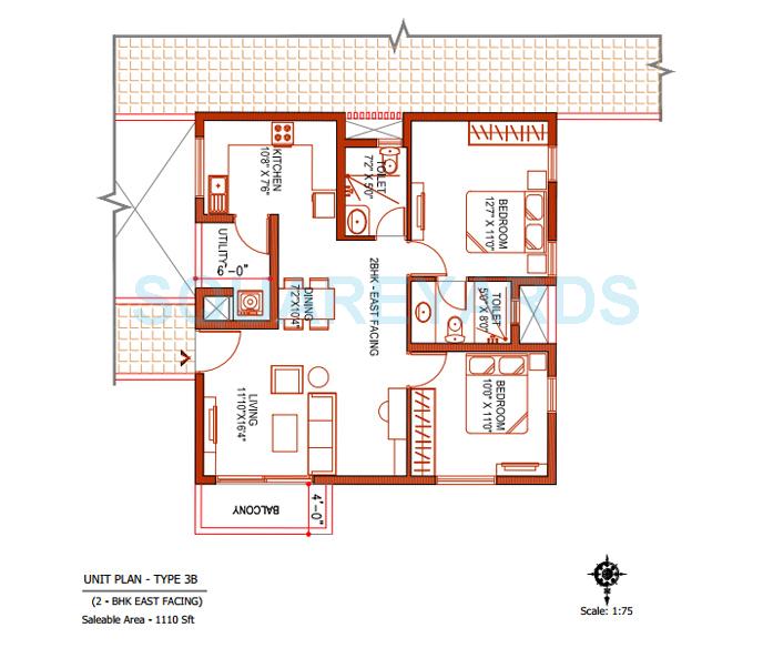 Floor plan of 2 BHK 1110 Sq. Ft. Apartment in Ramky One Kosmos, Hyderabad