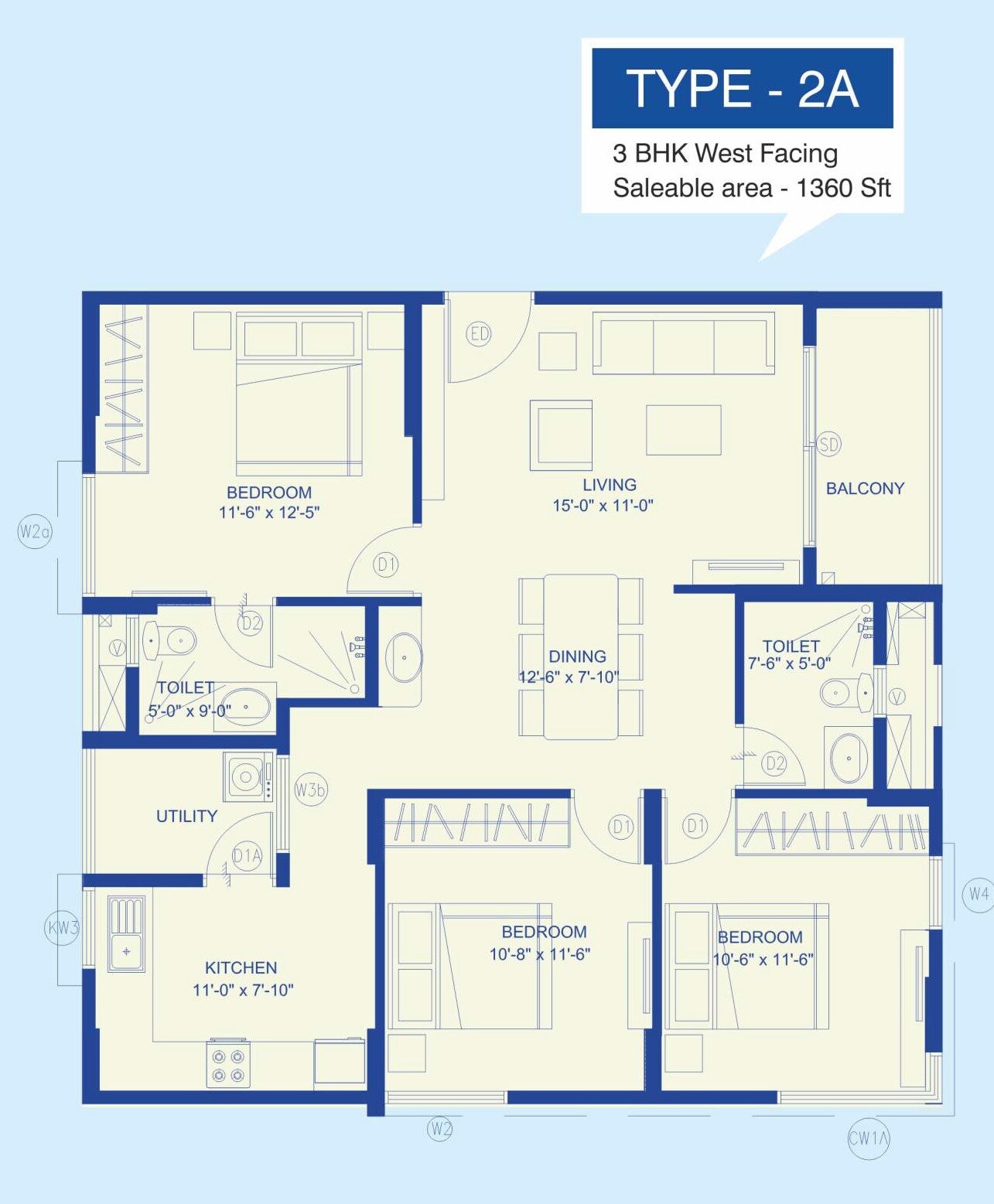 Floor plan of 3 BHK 1360 Sq. Ft. Apartment in Ramky One Kosmos, Hyderabad