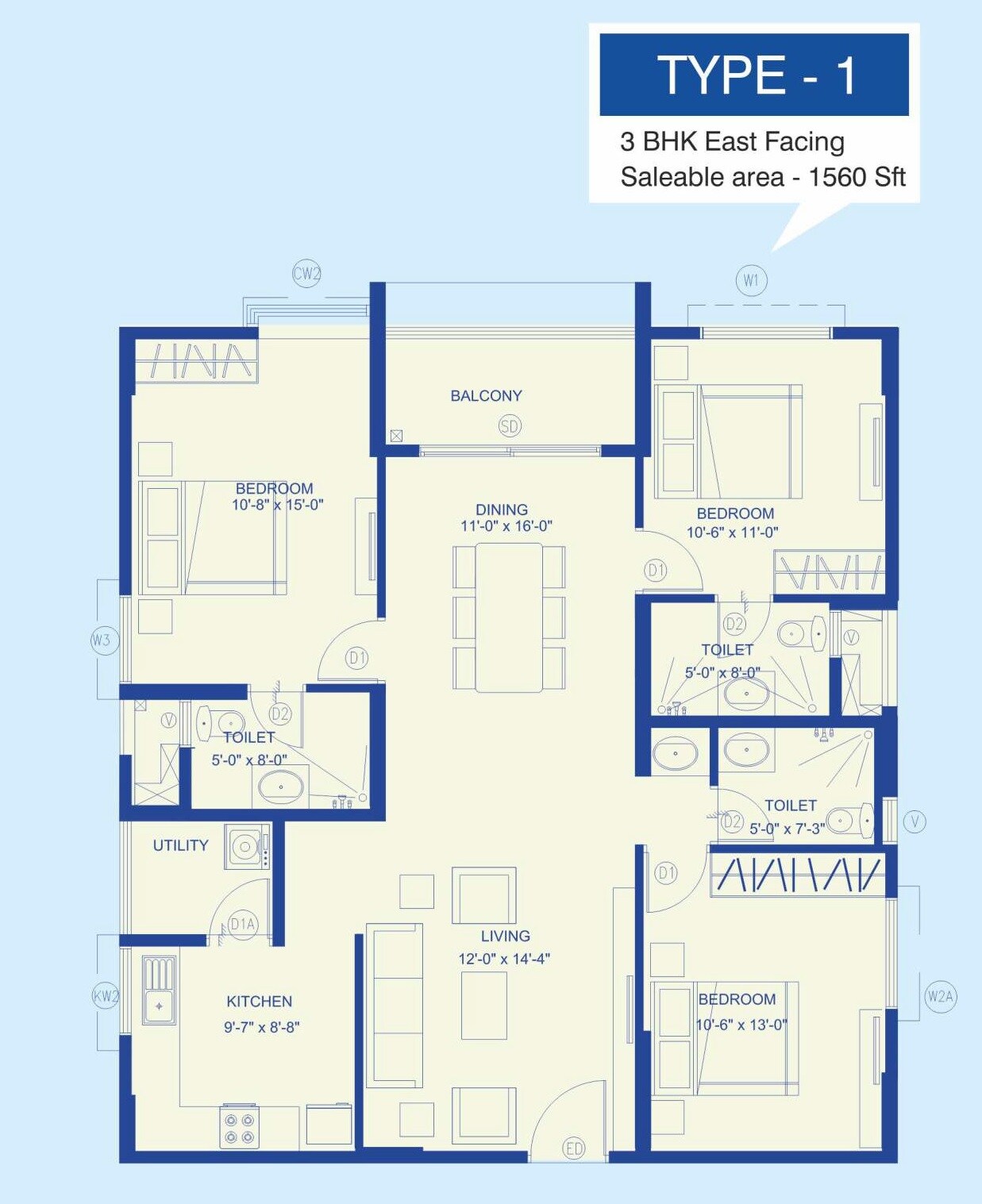 Floor plan of 3 BHK 1560 Sq. Ft. Apartment in Ramky One Kosmos, Hyderabad