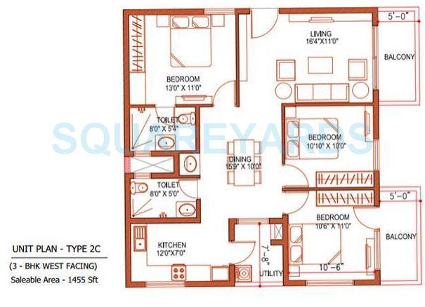 Floor plan of 3 BHK 1455 Sq. Ft. Apartment in Ramky One Kosmos, Hyderabad