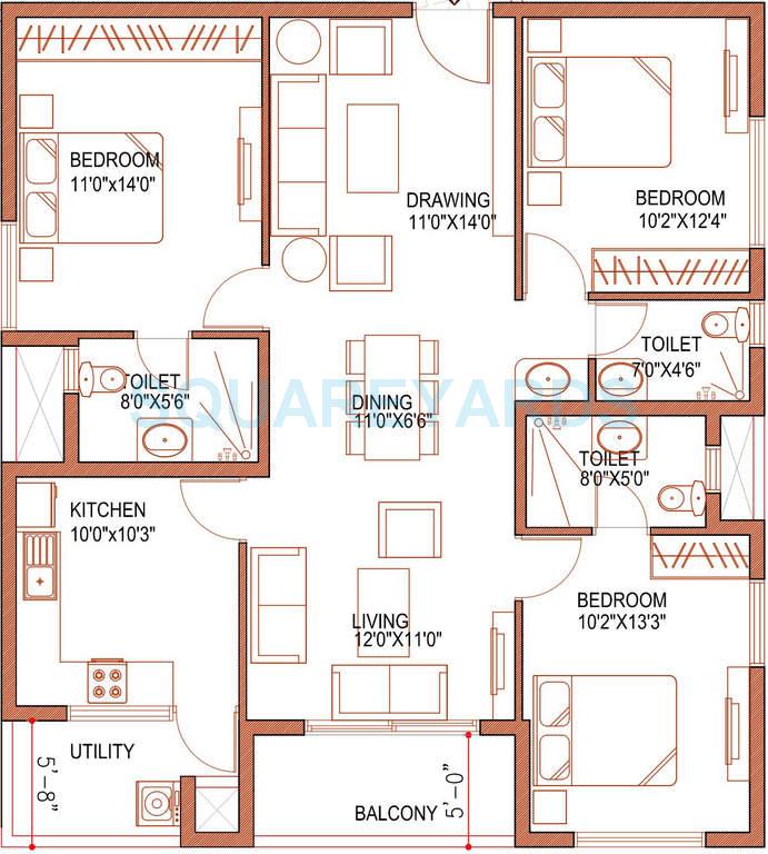 Floor plan of 3 BHK 1635 Sq. Ft. Apartment in Ramky One Kosmos, Hyderabad