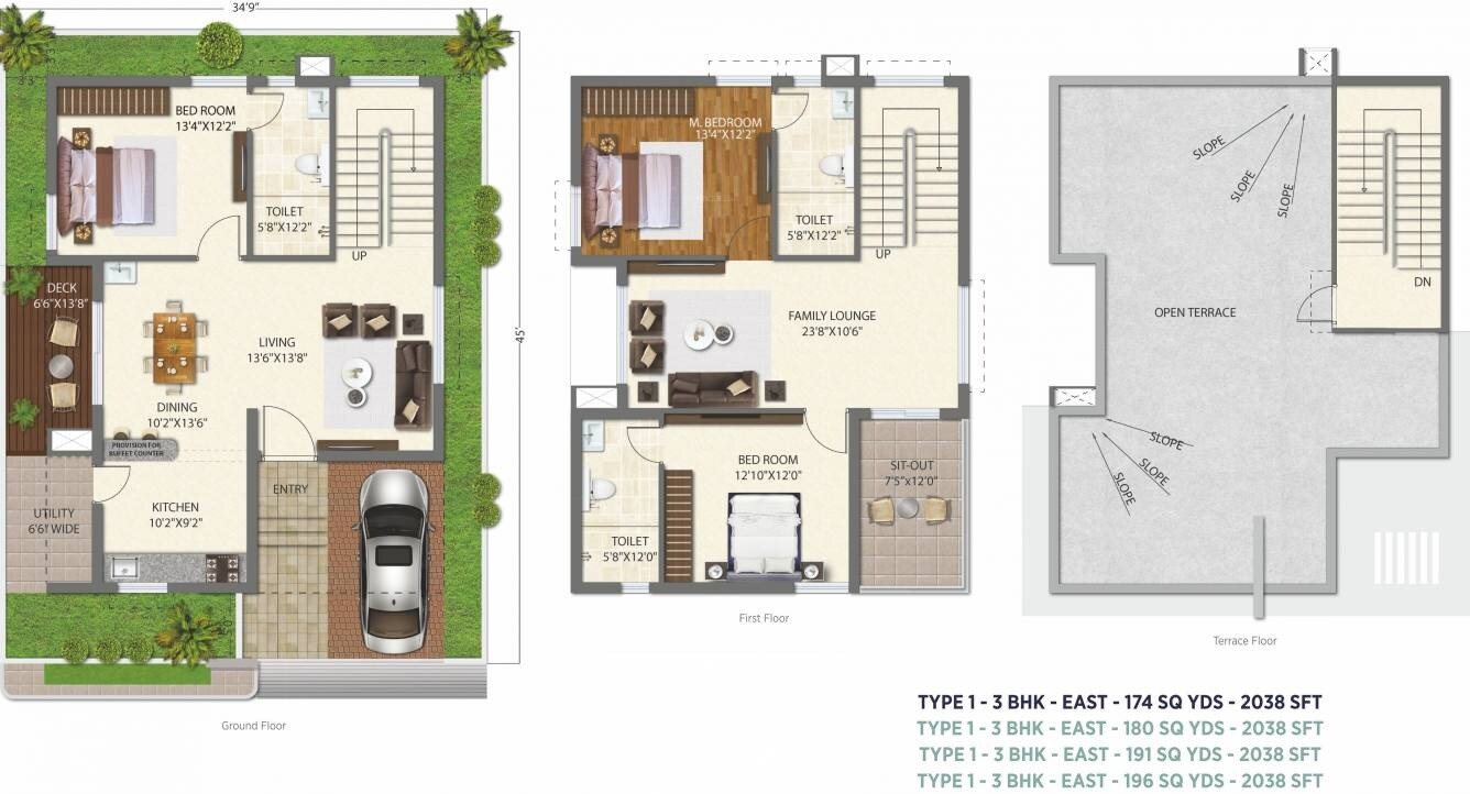 Floor plan of 3 BHK 2038 Sq. Ft. Villa in Ramky The Huddle, Hyderabad