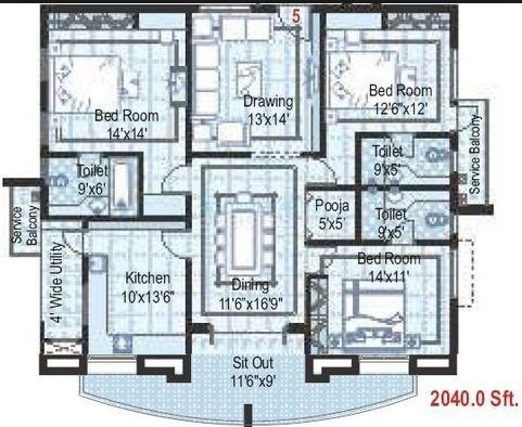 Floor plan of 3 BHK Apartment - 2040 sq. ft. in Ramky Towers, Hyderabad