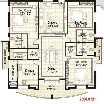 Floor plan of 3 BHK Apartment - 2560 sq. ft. in Ramky Towers, Hyderabad