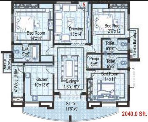 Floor plan of 3 BHK 2040 Sq. Ft. Apartment in Ramky Towers Gachibowli, Hyderabad