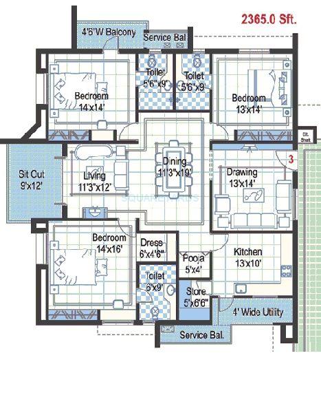 Floor plan of 3 BHK 2365 Sq. Ft. Apartment in Ramky Towers Gachibowli, Hyderabad