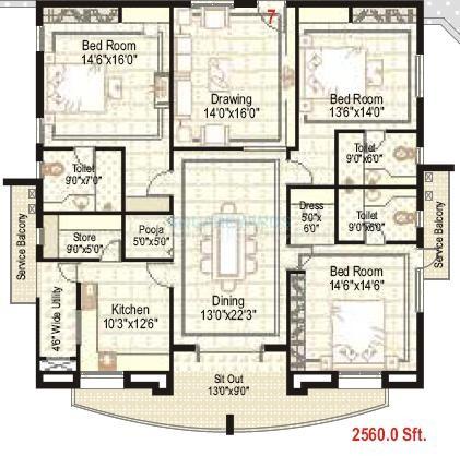 Floor plan of 3 BHK 2560 Sq. Ft. Apartment in Ramky Towers Gachibowli, Hyderabad