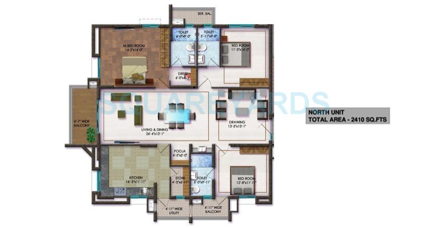 Floor plan of 3 BHK 2610 Sq. Ft. Apartment in Ramky Towers Elite, Hyderabad