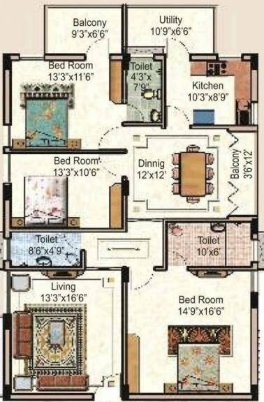 Floor plan of 4 BHK 2590 Sq. Ft. Apartment in Regent Park, Hyderabad