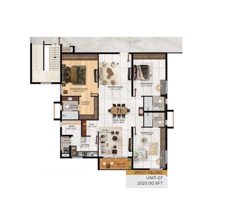 Floor plan of 3 BHK 2023 Sq. Ft. Apartment in Reliance Elysium, Hyderabad