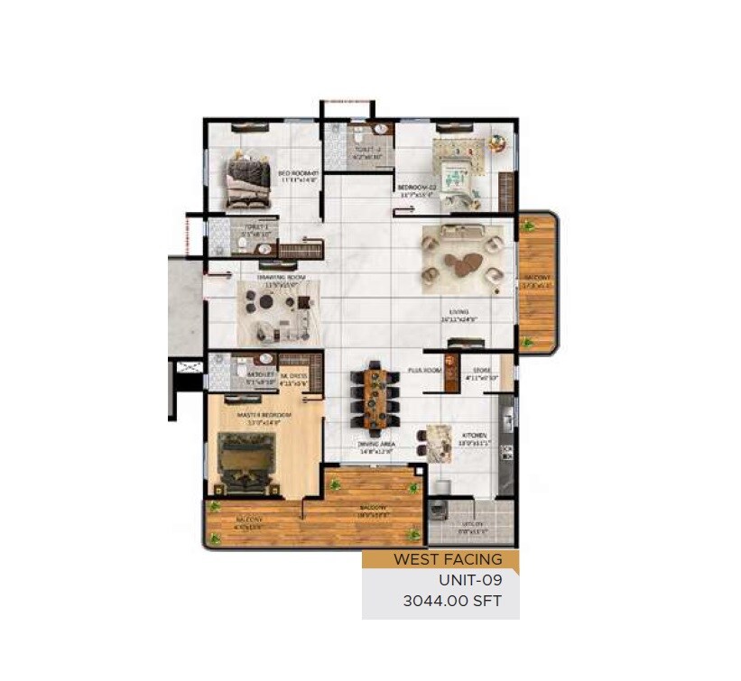 Floor plan of 3 BHK 3044 Sq. Ft. Apartment in Reliance Elysium, Hyderabad