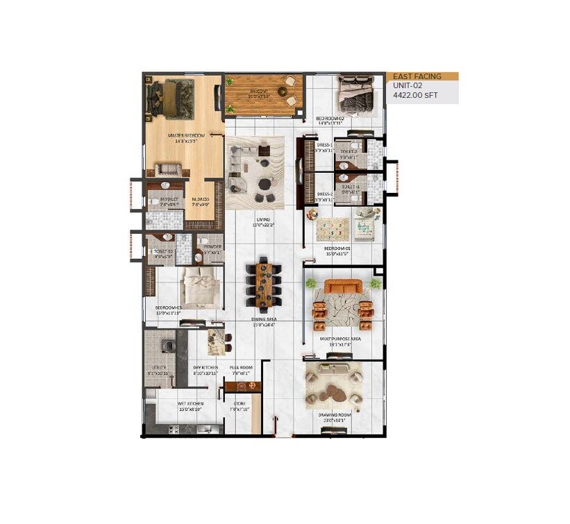 Floor plan of 4 BHK 4422 Sq. Ft. Apartment in Reliance Elysium, Hyderabad