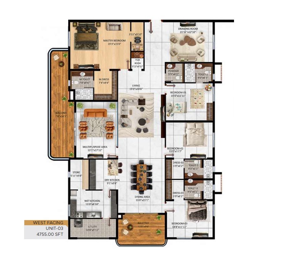 Floor plan of 4 BHK 4755 Sq. Ft. Apartment in Reliance Elysium, Hyderabad