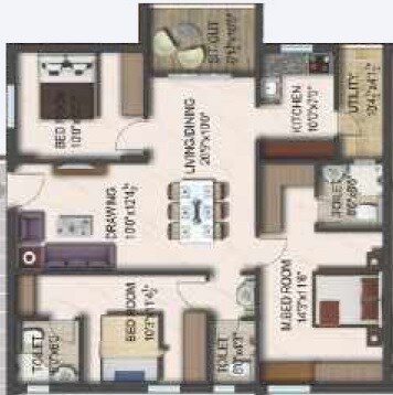 Floor plan of 3 BHK 1538 Sq. Ft. Apartment in Reliance Jubilee, Hyderabad