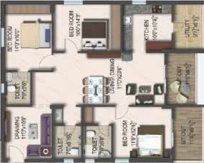 Floor plan of 3 BHK 1878 Sq. Ft. Apartment in Reliance Jubilee, Hyderabad