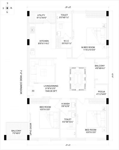 Floor plan of 3 BHK 1539 Sq. Ft. Apartment in Renbridge Renuka Residency, Hyderabad