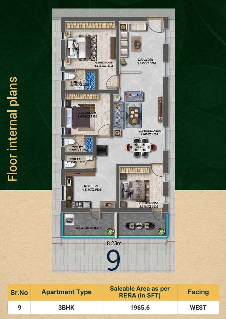 Floor plan of 3 BHK 1966 Sq. Ft. Apartment in RG Kedia Sunrise Gateway, Hyderabad