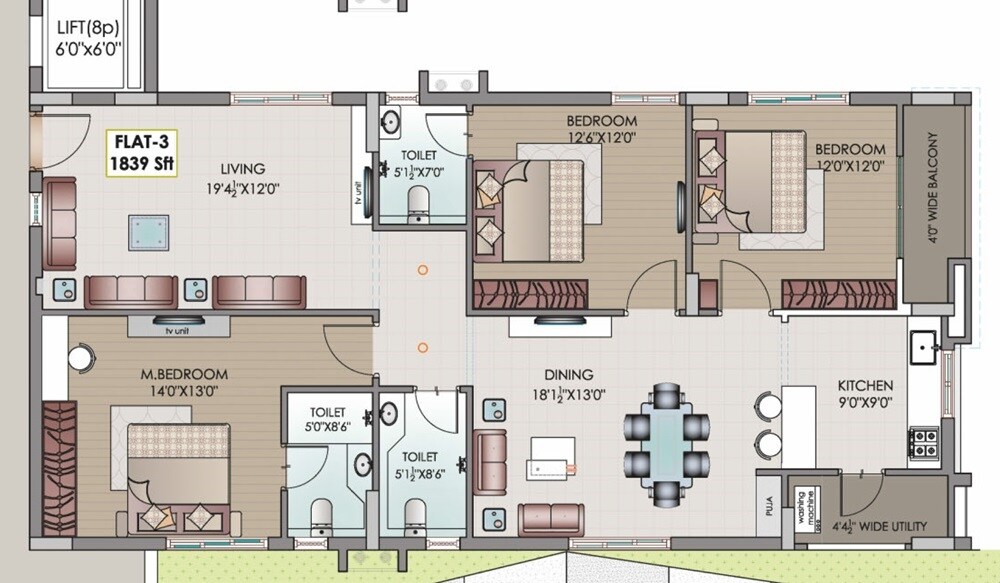 Floor plan of 3 BHK 1839 Sq. Ft. Apartment in Riddhi Elite, Hyderabad