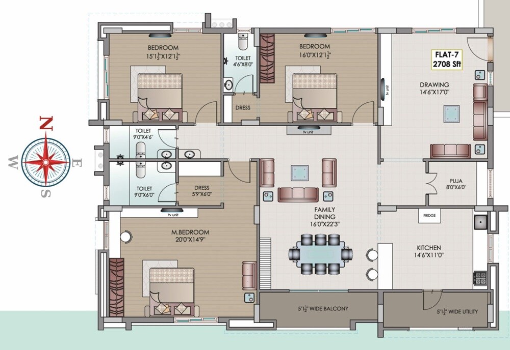 Floor plan of 3 BHK 2708 Sq. Ft. Apartment in Riddhi Elite, Hyderabad