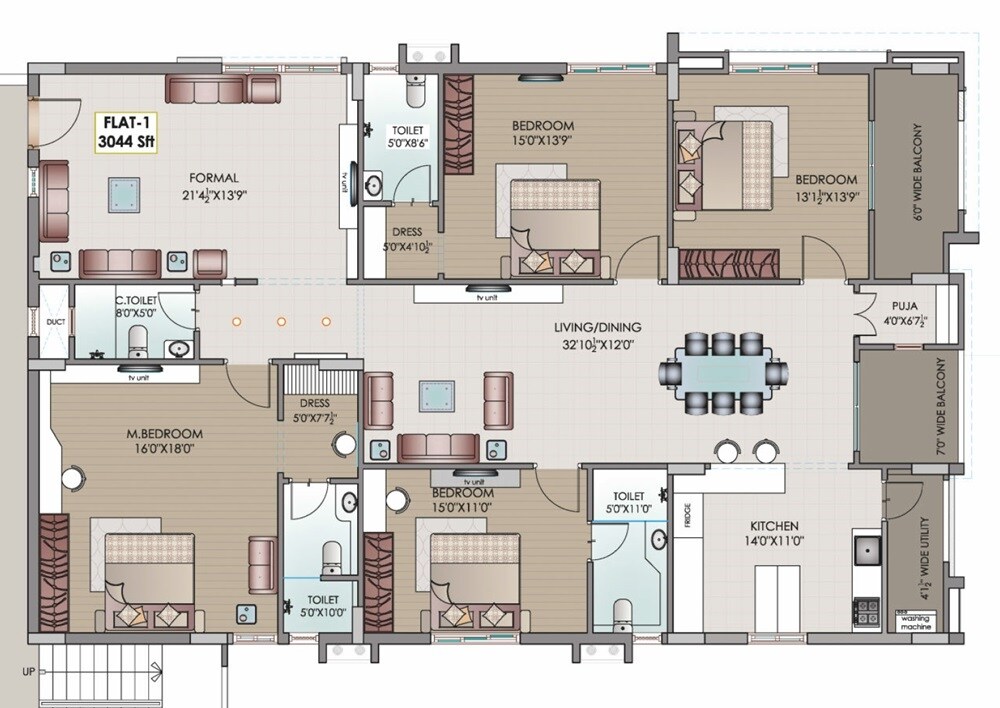 Floor plan of 4 BHK 3044 Sq. Ft. Apartment in Riddhi Elite, Hyderabad