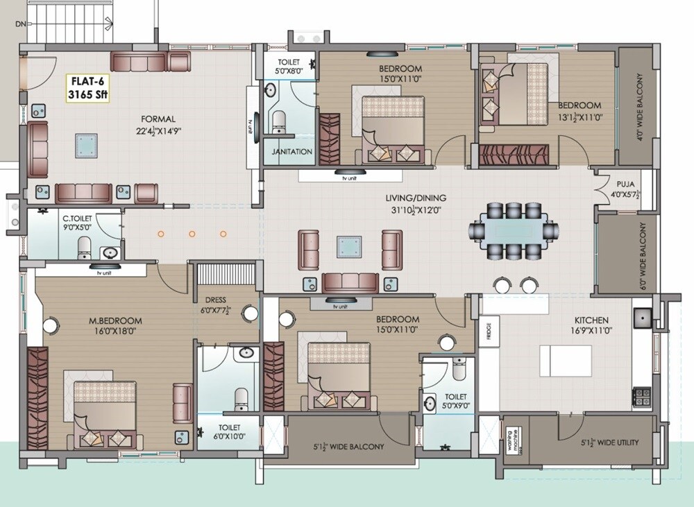 Floor plan of 4 BHK 3165 Sq. Ft. Apartment in Riddhi Elite, Hyderabad