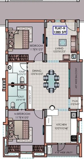 Floor plan of 2 BHK 1285 Sq. Ft. Apartment in Riddhi Golden Nest, Hyderabad