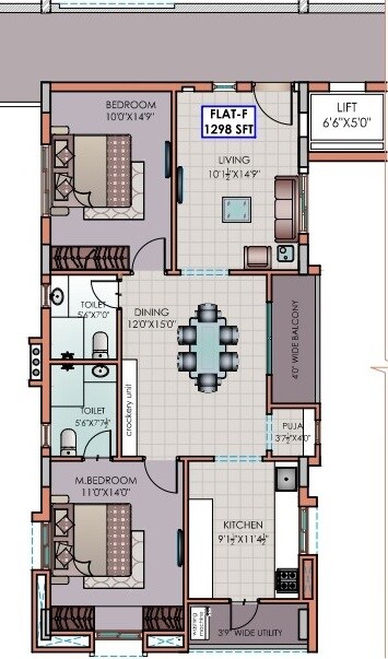 Floor plan of 2 BHK 1298 Sq. Ft. Apartment in Riddhi Golden Nest, Hyderabad