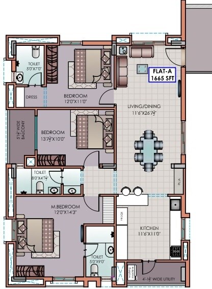 Floor plan of 3 BHK 1665 Sq. Ft. Apartment in Riddhi Golden Nest, Hyderabad