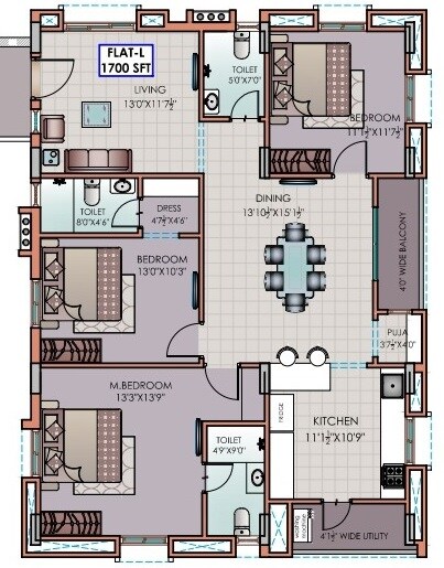 Floor plan of 3 BHK 1700 Sq. Ft. Apartment in Riddhi Golden Nest, Hyderabad