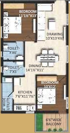 Floor plan of 2 BHK 1089 Sq. Ft. Apartment in Riddhi Pramukh Elegance, Hyderabad