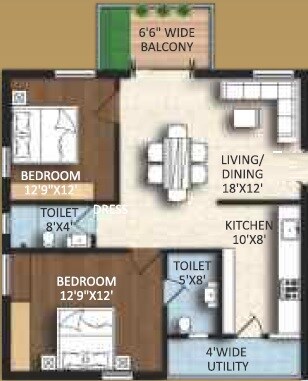 Floor plan of 2 BHK 1218 Sq. Ft. Apartment in Riddhi Pramukh Elegance, Hyderabad