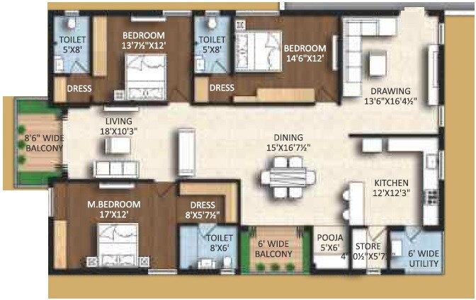 Floor plan of 3 BHK 1495 Sq. Ft. Apartment in Riddhi Pramukh Elegance, Hyderabad
