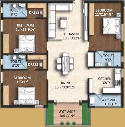 Floor plan of 3 BHK 2565 Sq. Ft. Apartment in Riddhi Pramukh Elegance, Hyderabad