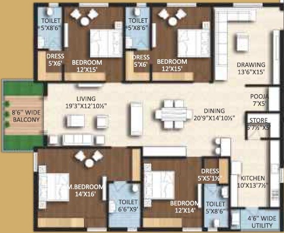 Floor plan of 4 BHK 2882 Sq. Ft. Apartment in Riddhi Pramukh Elegance, Hyderabad