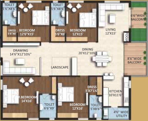Floor plan of 4 BHK 3119 Sq. Ft. Apartment in Riddhi Pramukh Elegance, Hyderabad