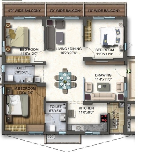 Floor plan of 3 BHK 1515 Sq. Ft. Apartment in Riddhi Saphire, Hyderabad