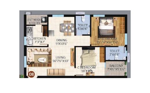 Floor plan of 2 BHK 1015 Sq. Ft. Apartment in Riddhi Taranto, Hyderabad