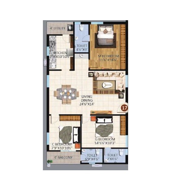 Floor plan of 3 BHK 1508 Sq. Ft. Apartment in Riddhi Taranto, Hyderabad