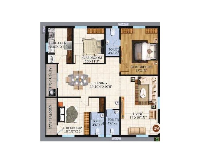 Floor plan of 3 BHK 1732 Sq. Ft. Apartment in Riddhi Taranto, Hyderabad