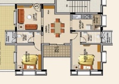 Floor plan of 2 BHK 1000 Sq. Ft. Apartment in Ridge Towers, Hyderabad